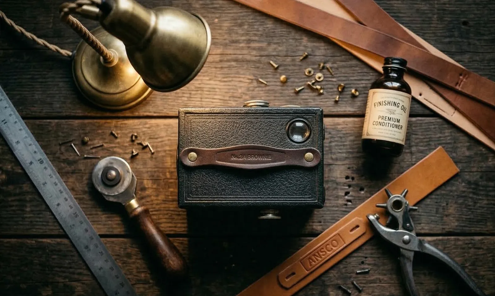 Vintage cameras and handcrafted leather straps on a workshop table